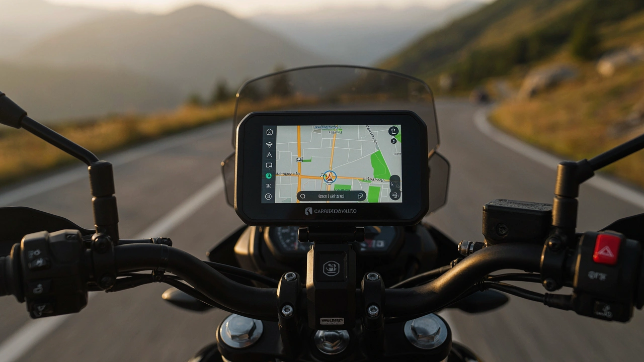 Écran CarPlay moto fixé sur le guidon en conditions de conduite