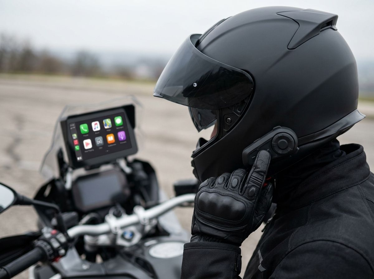 Motard ajustant l'intercom de son casque, écran Carpuride W702B en arrière-plan