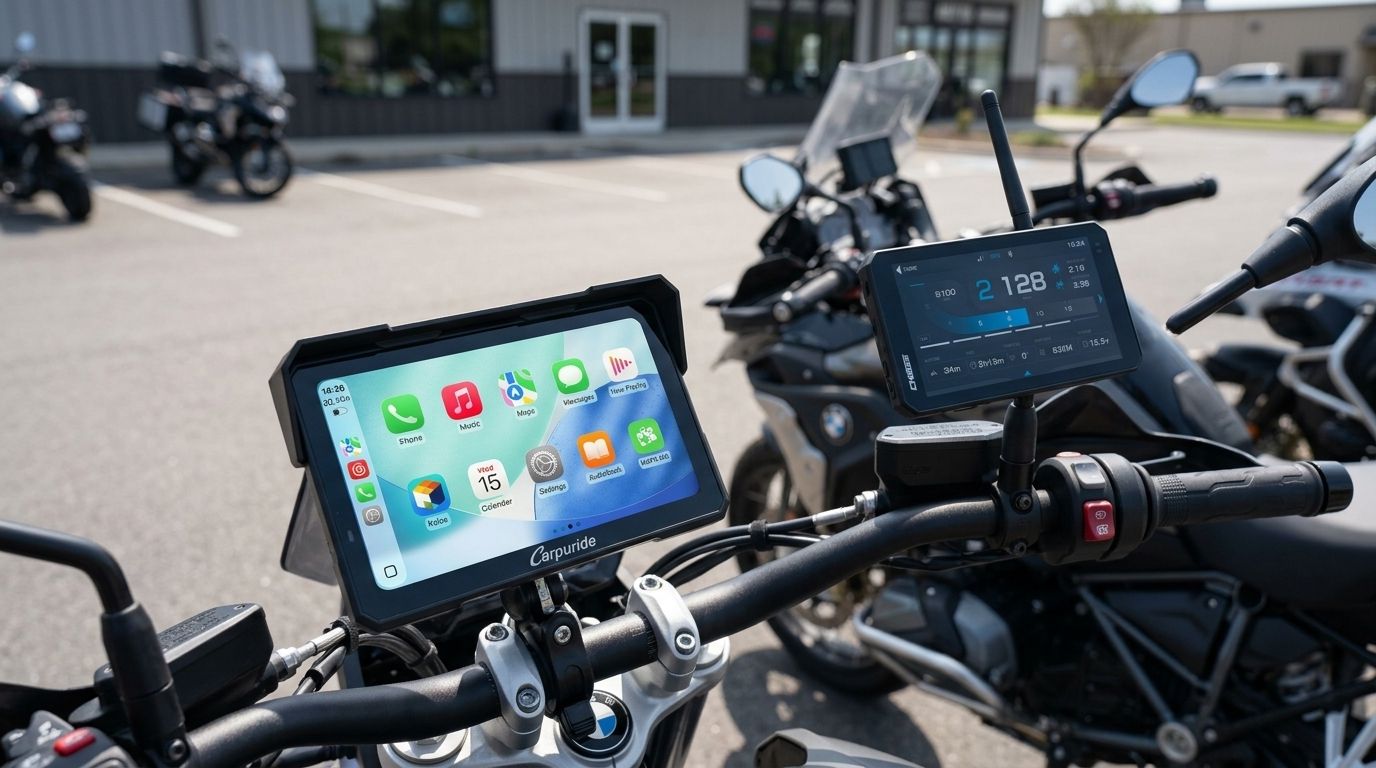 Carpuride W702 Plus au premier plan, Chigee AIO-6 LTE 4G sur une seconde moto en arrière-plan