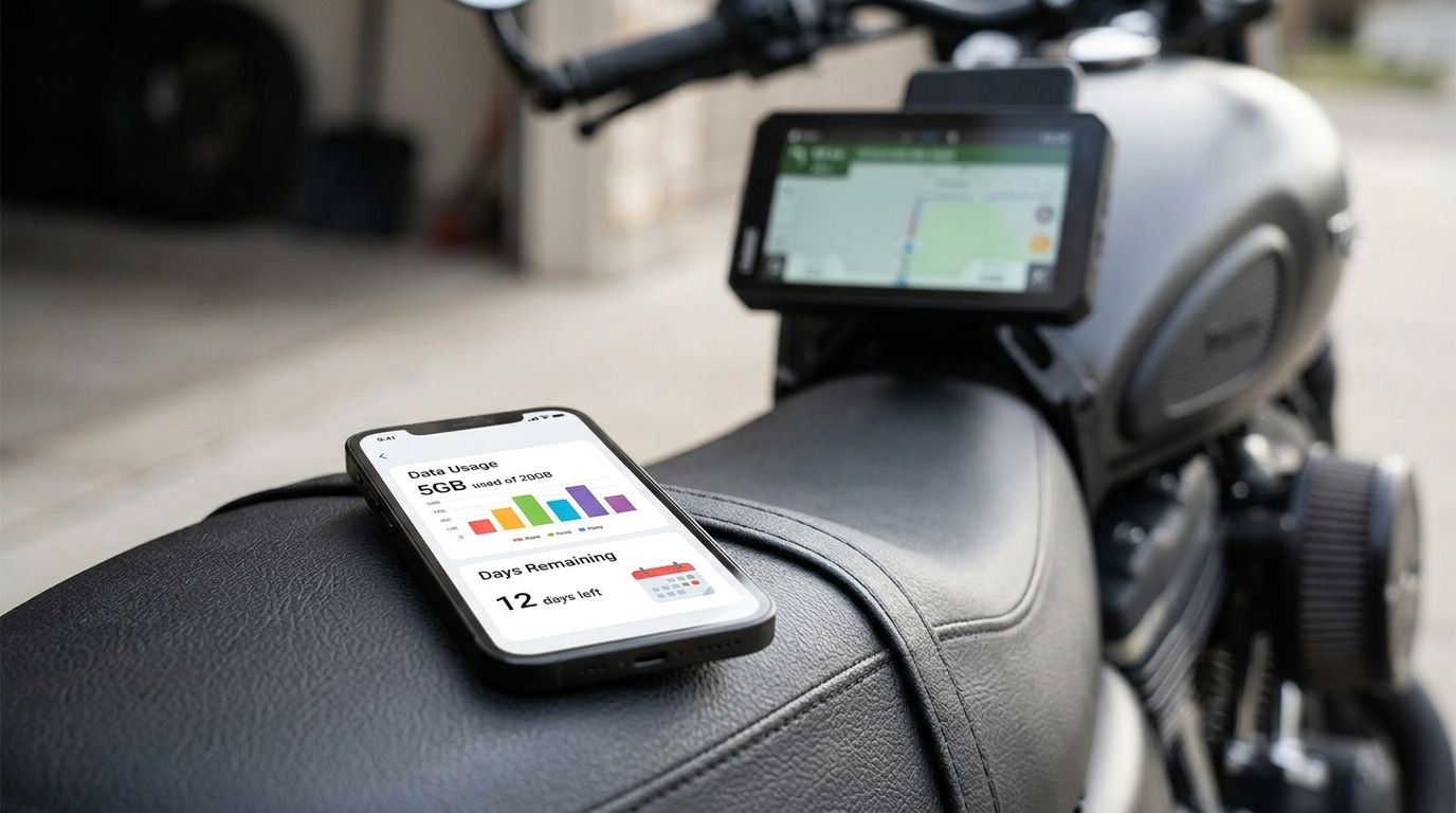 Smartphone affichant une application de forfait data posé sur une selle de moto, écran Chigee AIO-6 LTE 4G en arrière-plan