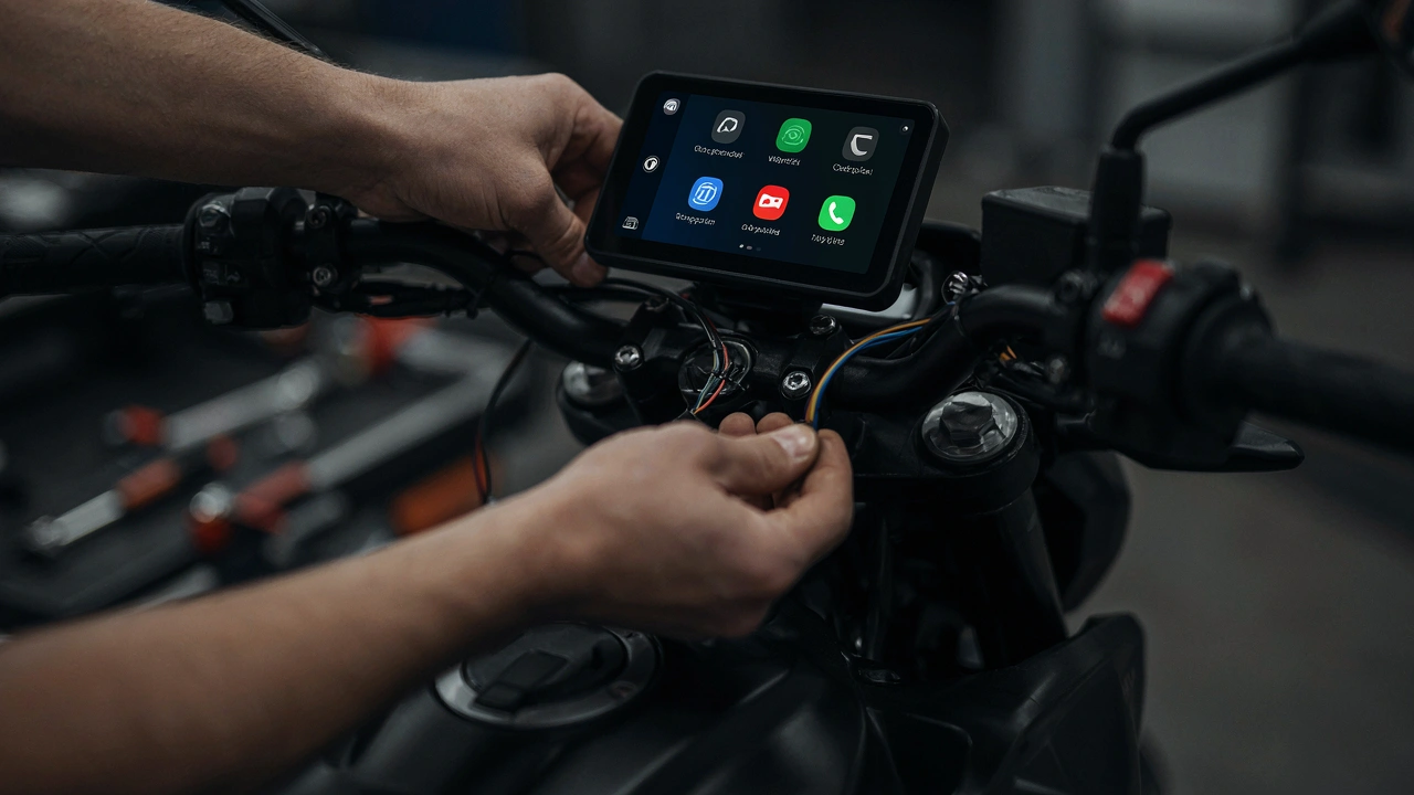 Câblage électrique routé vers un écran Carpuride W702B monté sur une moto