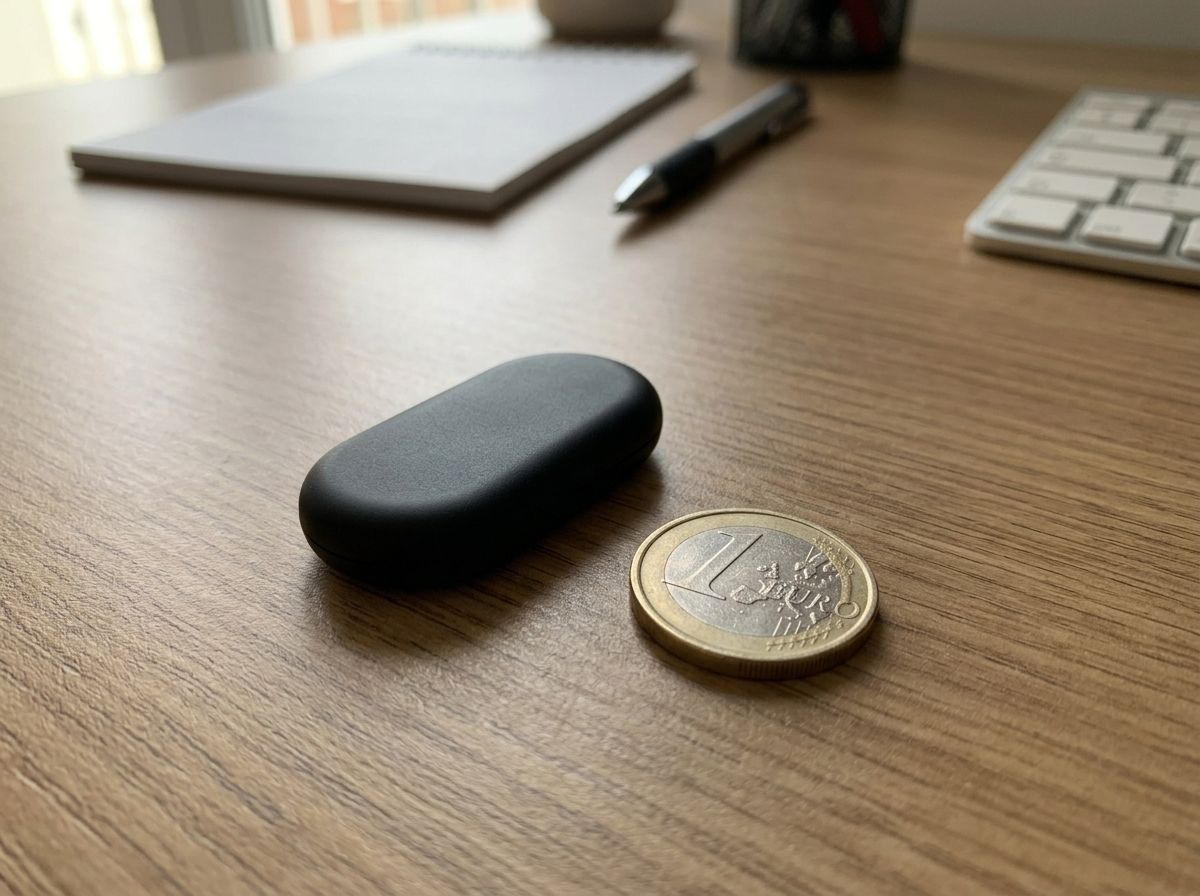 Traceur TRAKmy Mini posé à côté d'une pièce d'un euro pour l'échelle