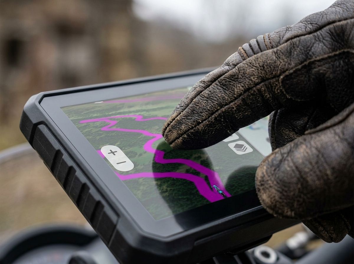 Doigt ganté en cuir touchant l'écran tactile d'un Garmin zūmo XT3