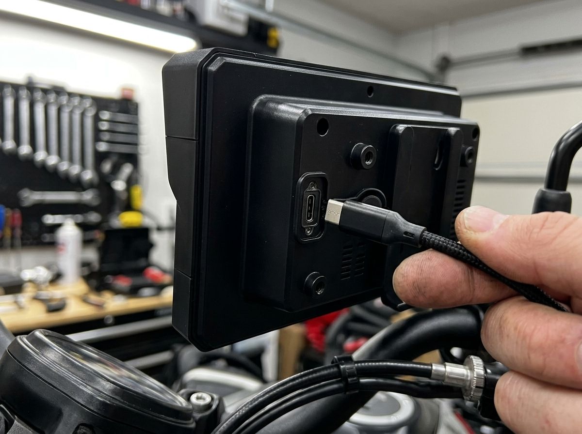 Câble USB-C branché à l'arrière de l'écran Carpuride W702B
