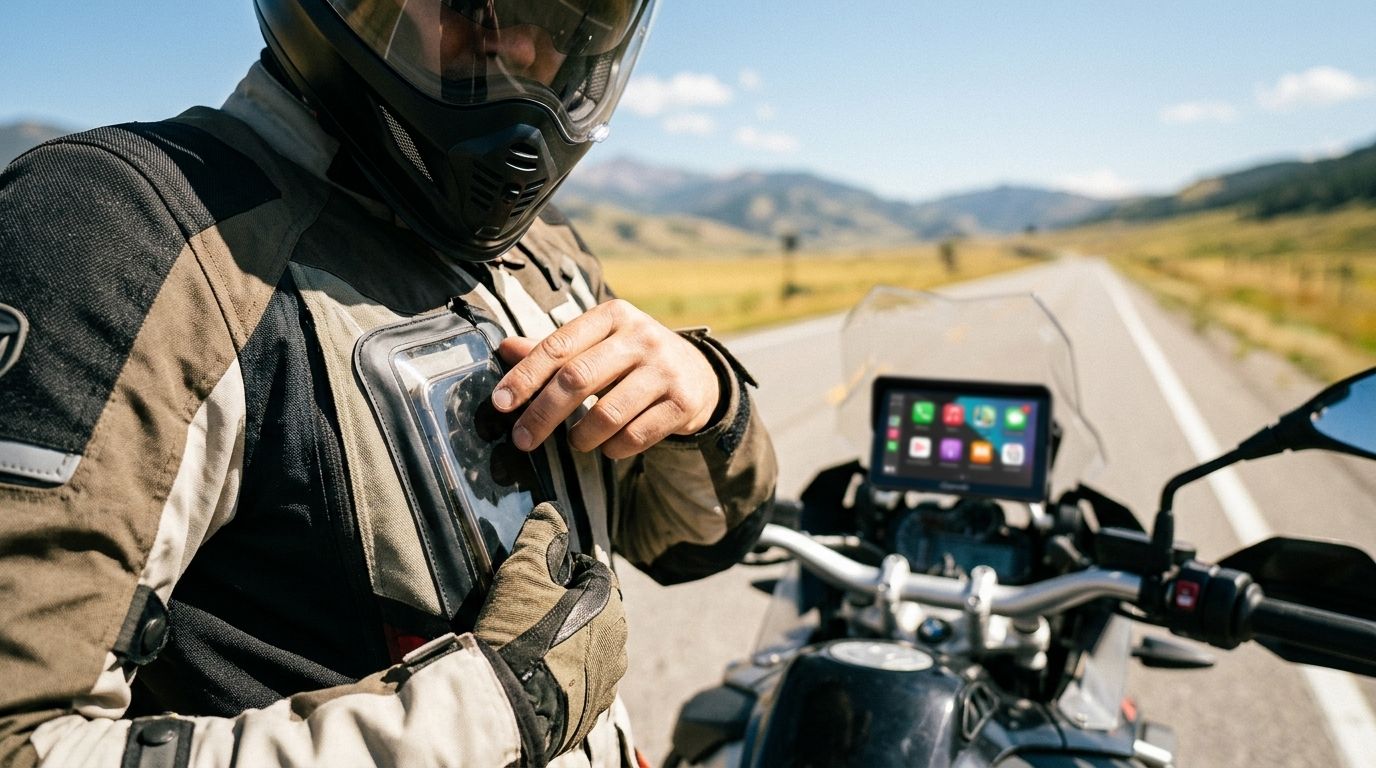 Motard sur route ouverte, écran Carpuride W702B visible au guidon en arrière-plan