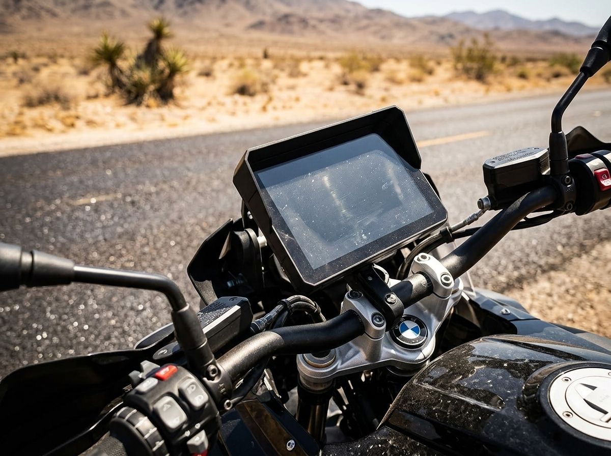 Moto garée en plein soleil d'été, écran Carpuride W702B à l'écran assombri