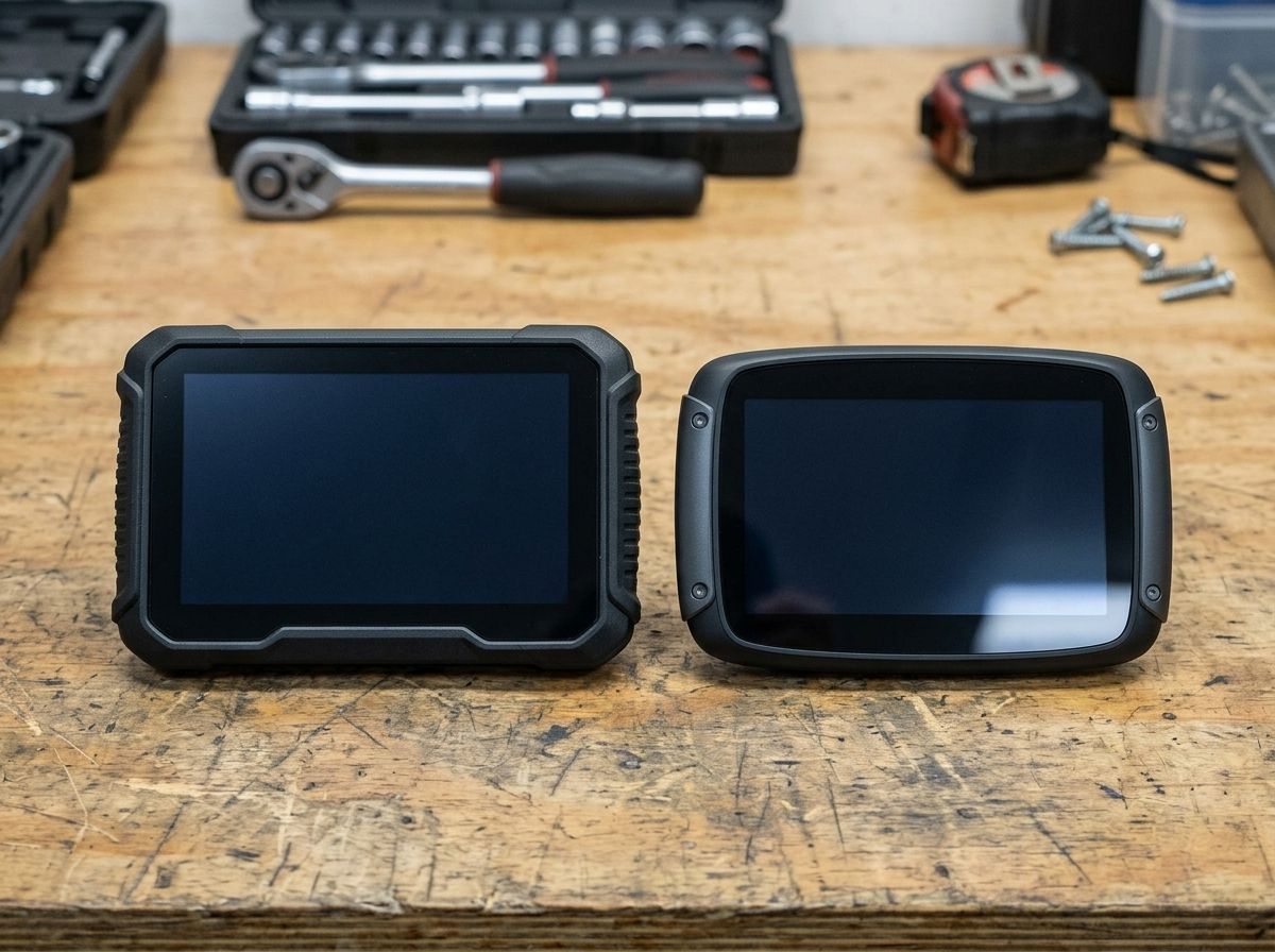 Garmin zūmo XT3 et TomTom Rider 550 posés côte à côte sur un établi