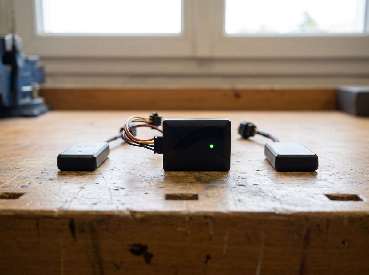 Trois traceurs GPS posés côte à côte sur un établi, le GeoRide 3s net au centre