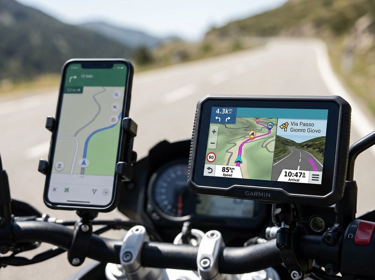 Garmin zūmo XT3 au premier plan, smartphone sur support classique en arrière-plan