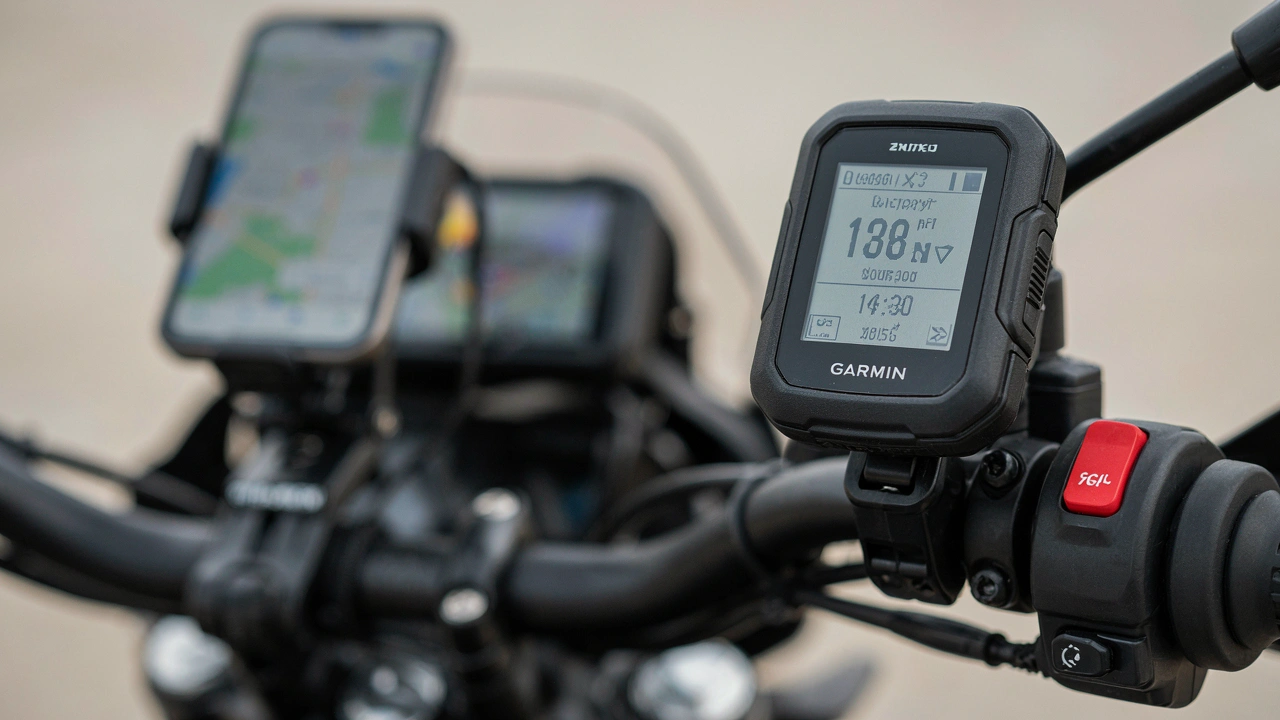 GPS Garmin zūmo XT3 au premier plan, smartphone sur support classique en arrière-plan