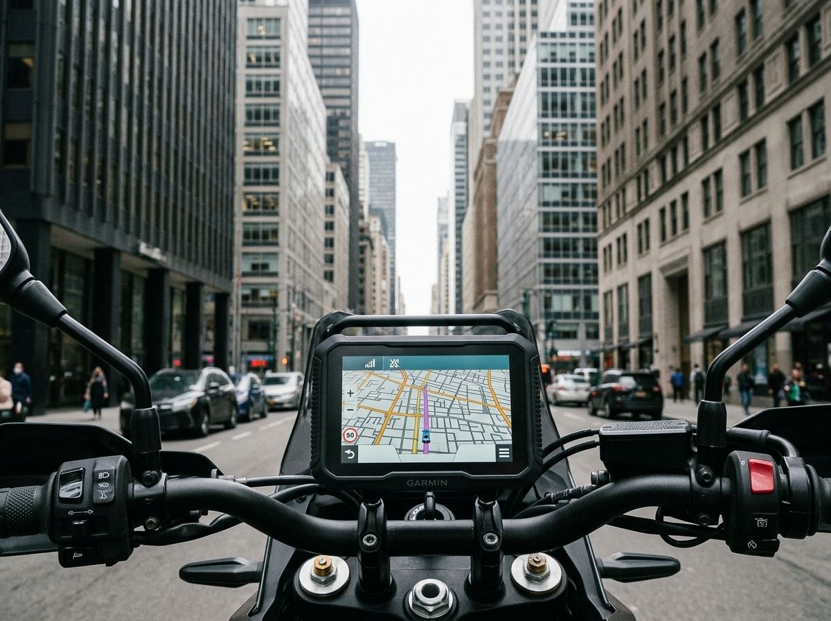 Garmin zūmo XT3 affichant un signal faible entre des immeubles en ville