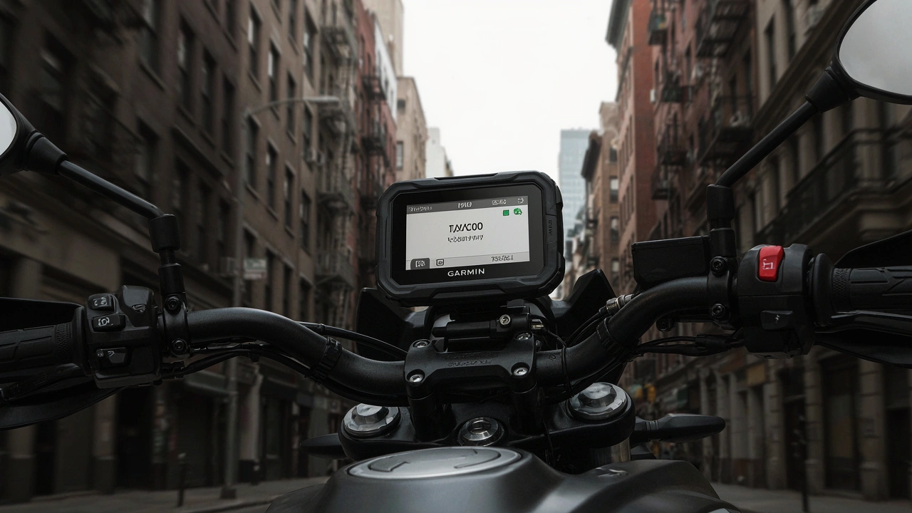 GPS Garmin zūmo XT3 fixé sur une moto roulant entre des immeubles en ville
