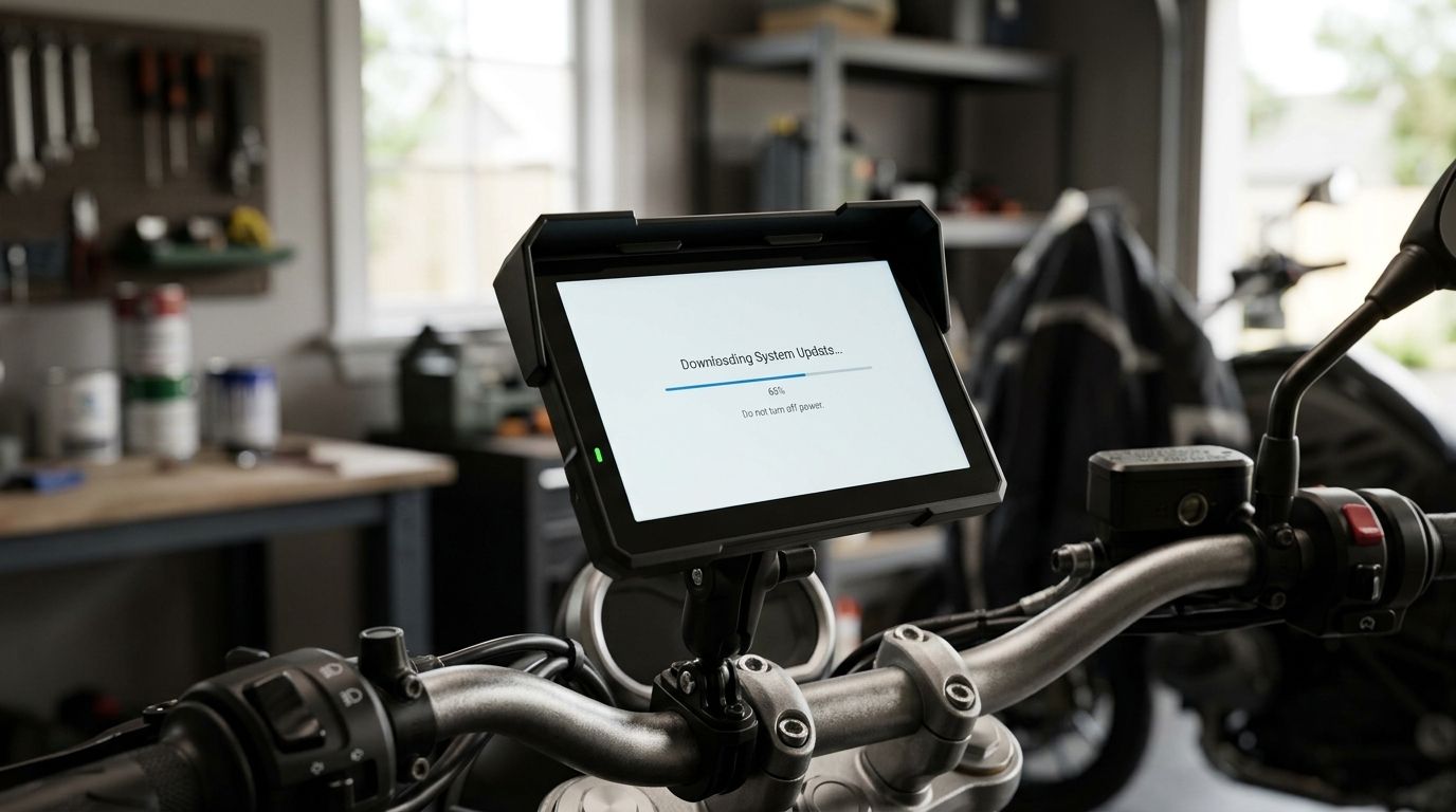 Écran Carpuride W702 Plus affichant un écran de mise à jour logicielle, moto garée en intérieur