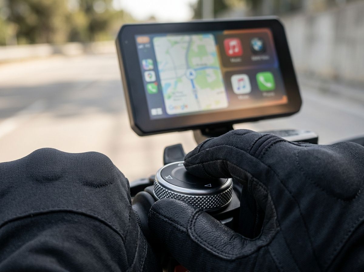 Pouce ganté posé sur la molette BMW Wonder Wheel, écran Chigee AIO-5 Play flou en arrière-plan