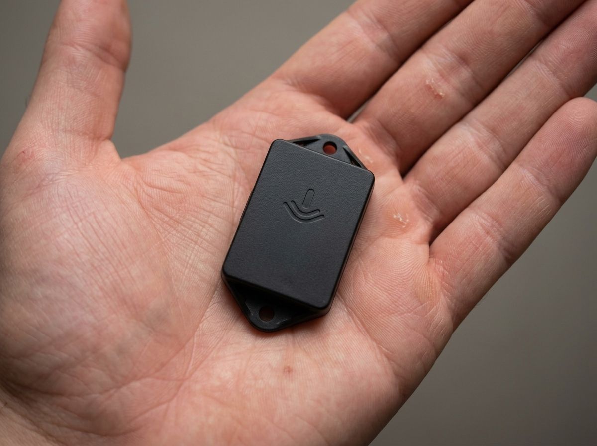 Traceur TRAKmy Mini posé dans une paume ouverte, sans câblage visible