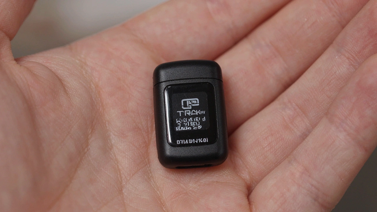 Traceur TRAKmy Mini tenu dans une main, sans câblage visible