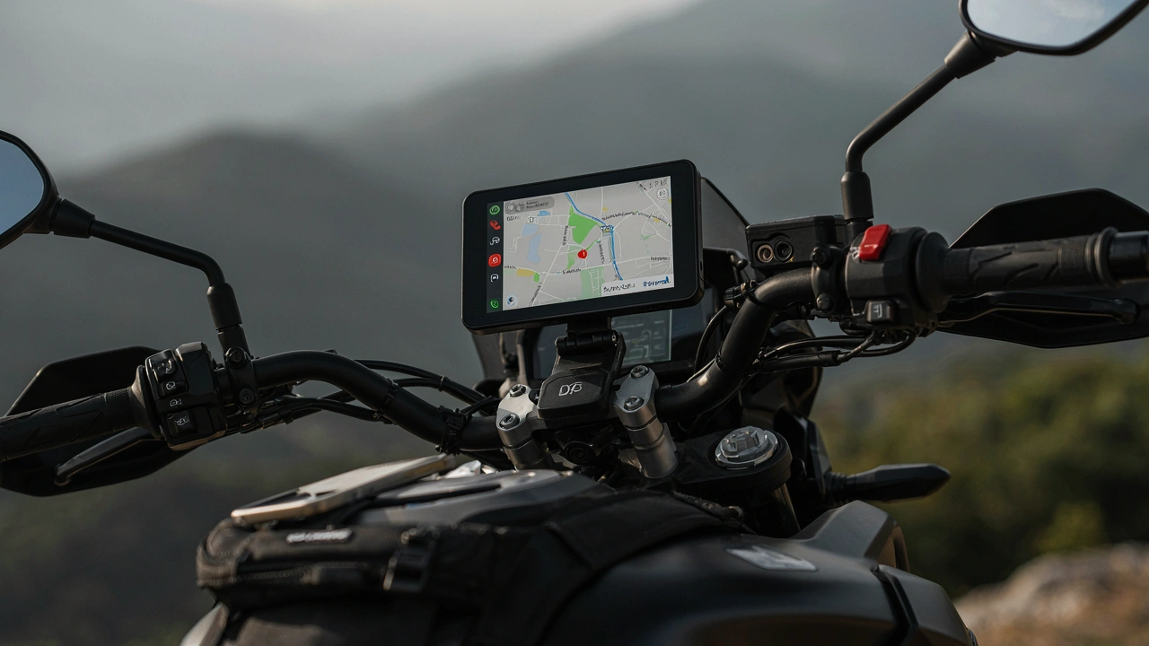 Motard arrêté à un point de vue, écran CarPlay Carpuride W702B fixé au guidon affichant une carte