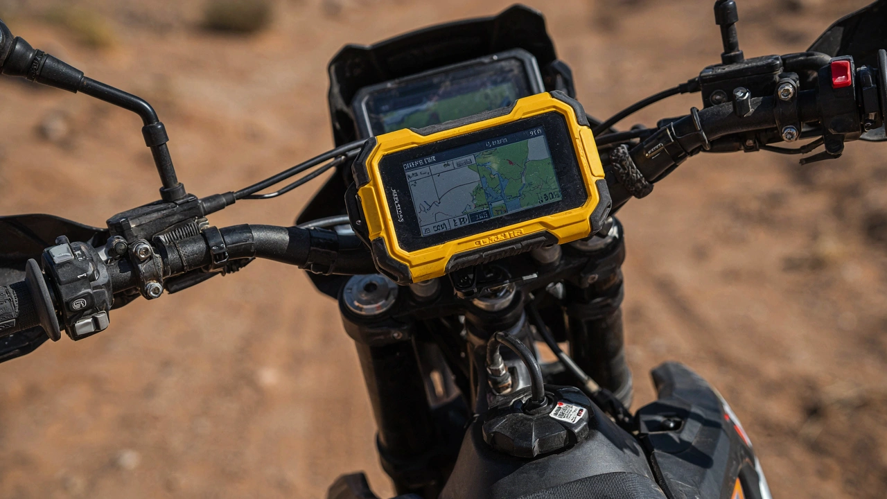 GPS tout-terrain Carpe Iter Caretta fixé sur une moto d'enduro en rallye