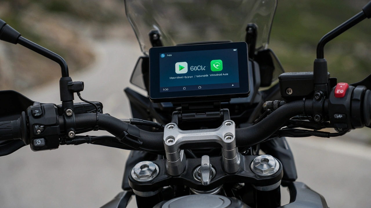 Écran CarPlay Carpuride W603B fixé sur le guidon d'une moto BMW GS en montagne
