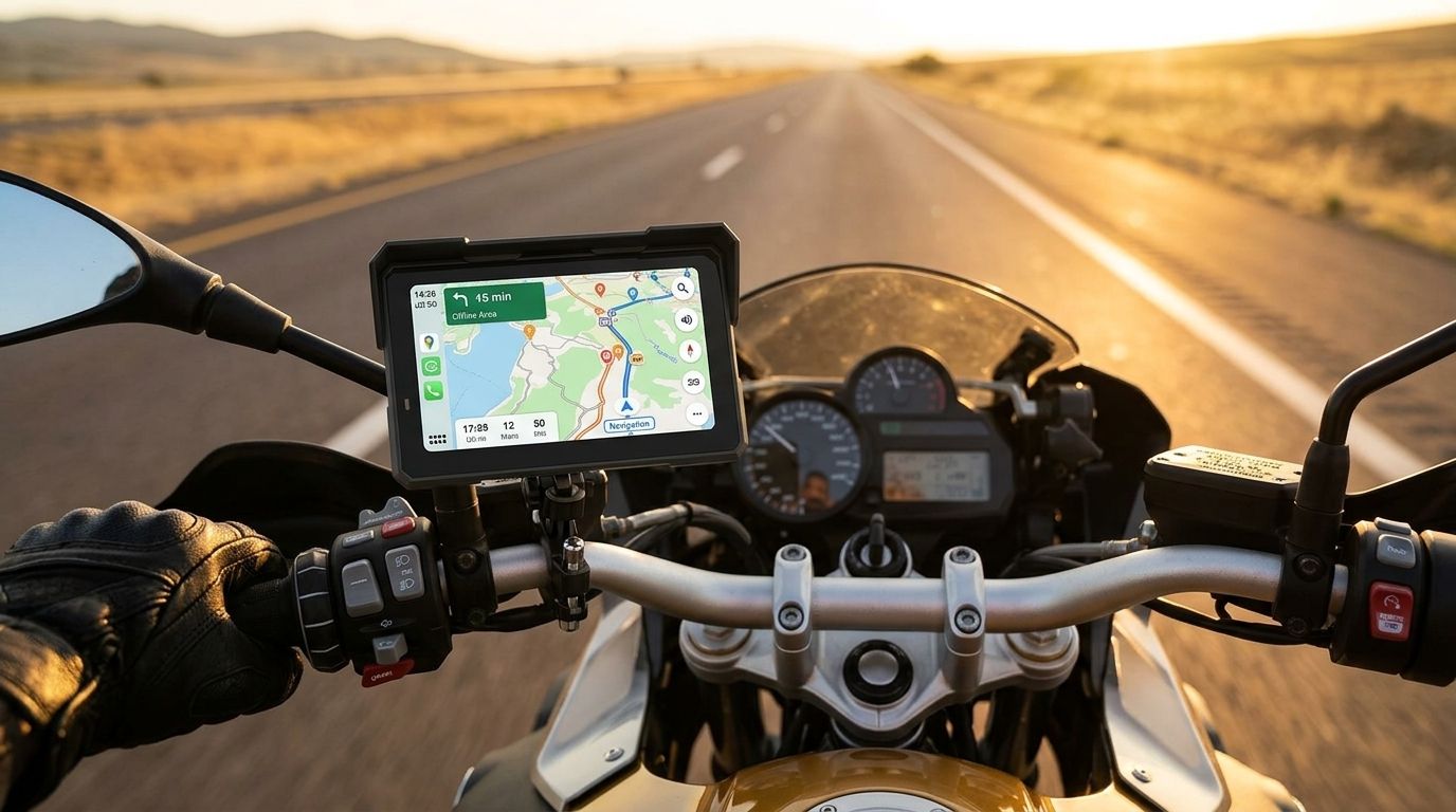 Carpuride W702 Plus fixé sur le guidon d'une moto, carte hors-ligne affichée sans smartphone à proximité