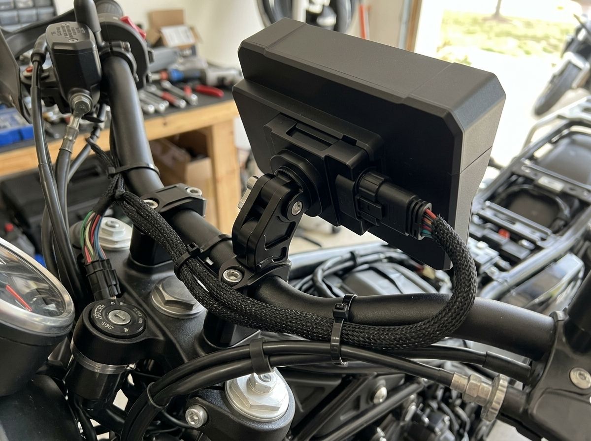 Gros plan sur le support de fixation et le passage de câble de l'écran Carpuride W702B