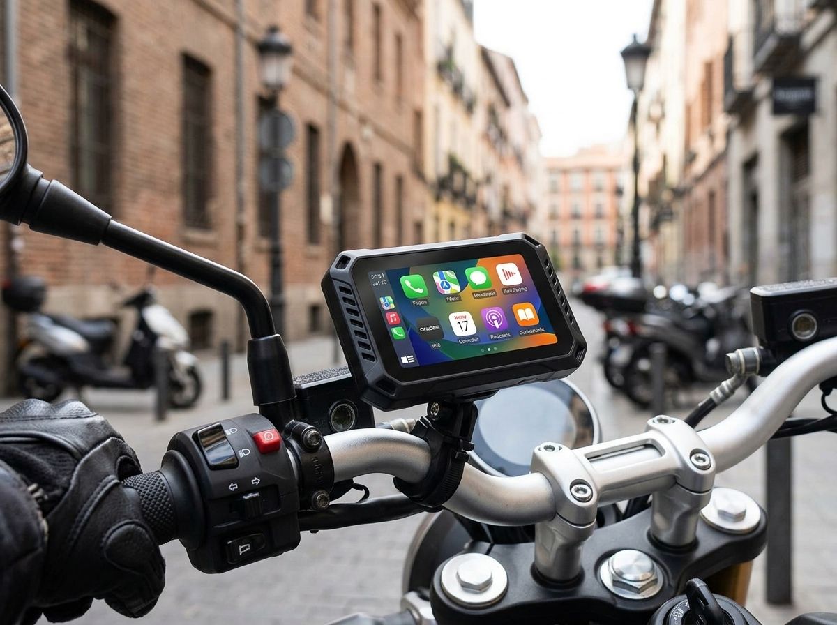 Écran Chigee AIO-5 EVO fixé sur un guidon de roadster compact en ville