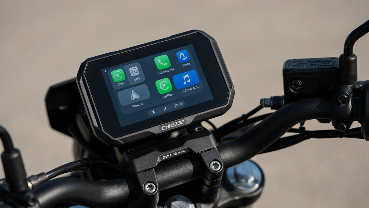 Écran Chigee AIO-6 Max fixé sur le guidon, grille d'icônes CarPlay et Android Auto affichée en plein soleil