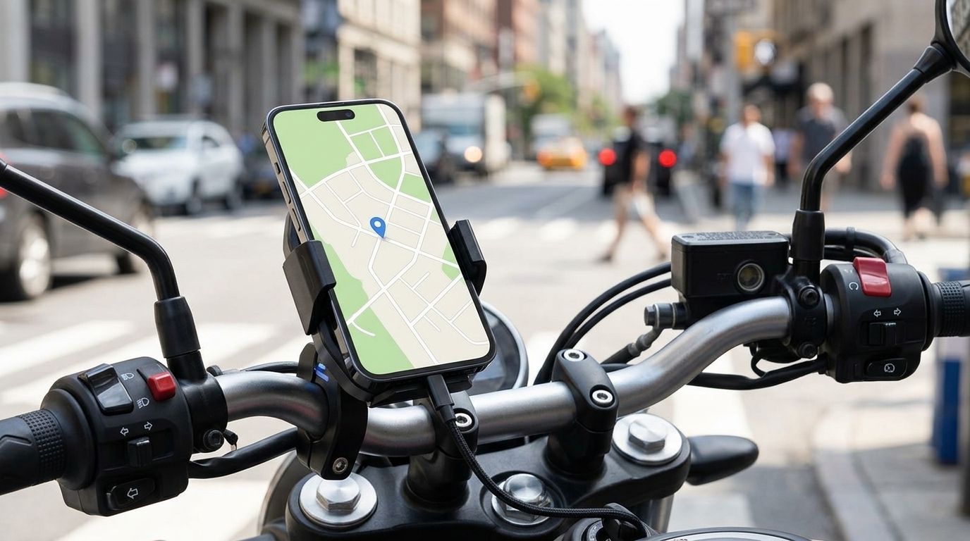 Smartphone fixé sur un support chargeur Chigee CG2 au guidon d'une moto en ville