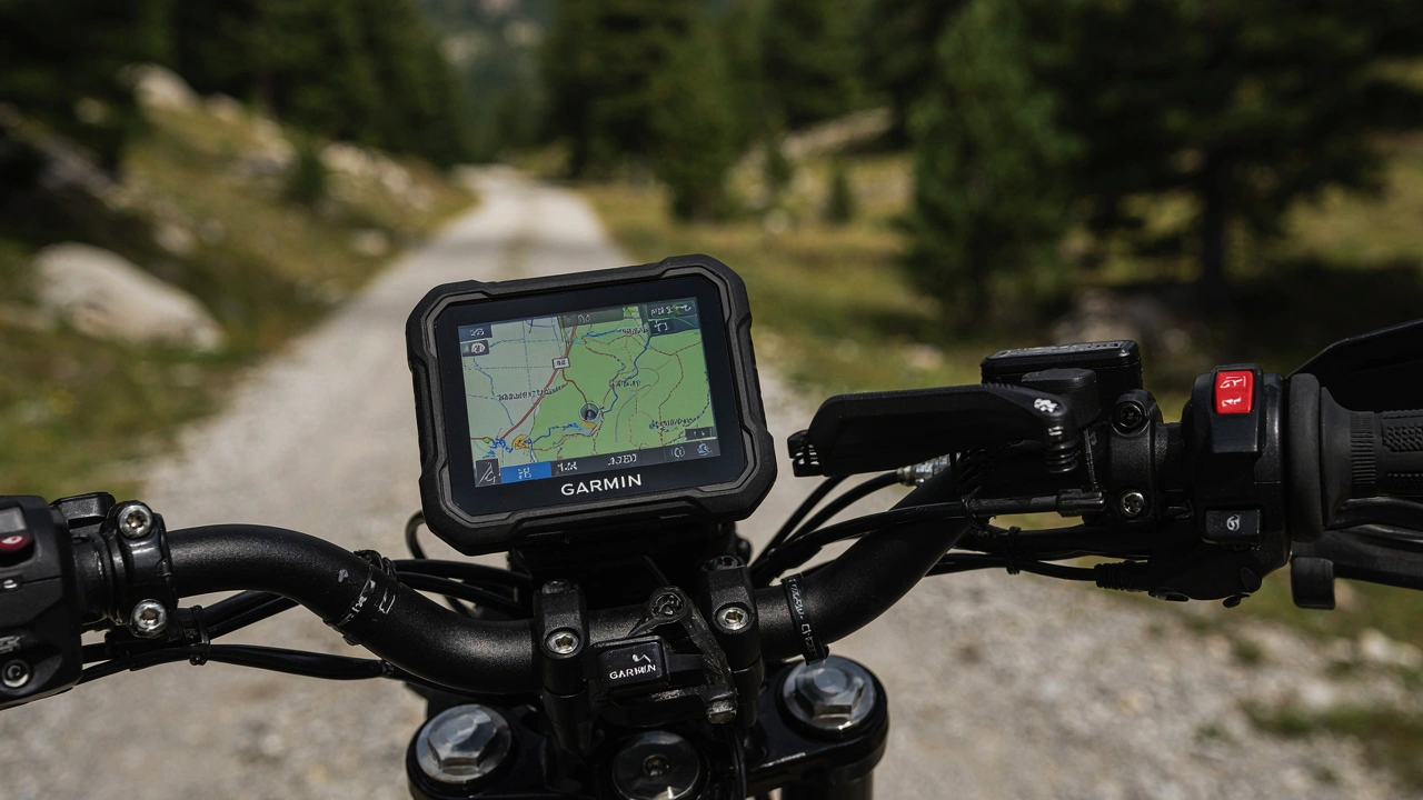 GPS Garmin zūmo XT3 fixé sur le guidon d'une moto sur une piste forestière