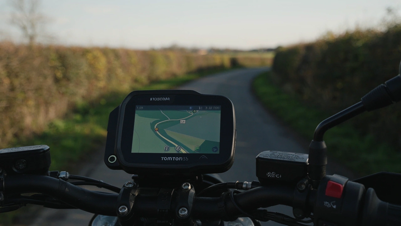 GPS TomTom Rider 550 fixé sur le guidon d'une moto sur une route sinueuse normande