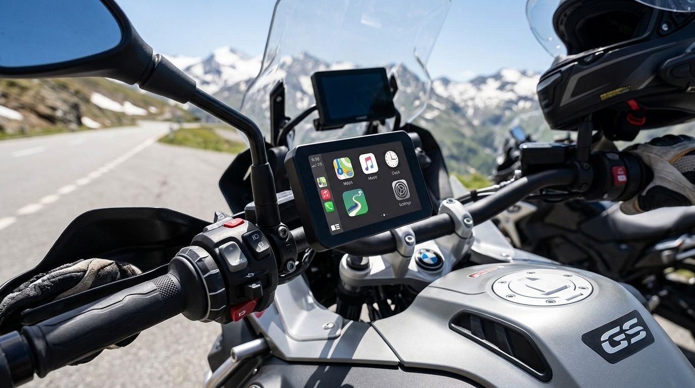 Écran Chigee AIO-5 Play fixé près de la molette sur une BMW GS en montagne
