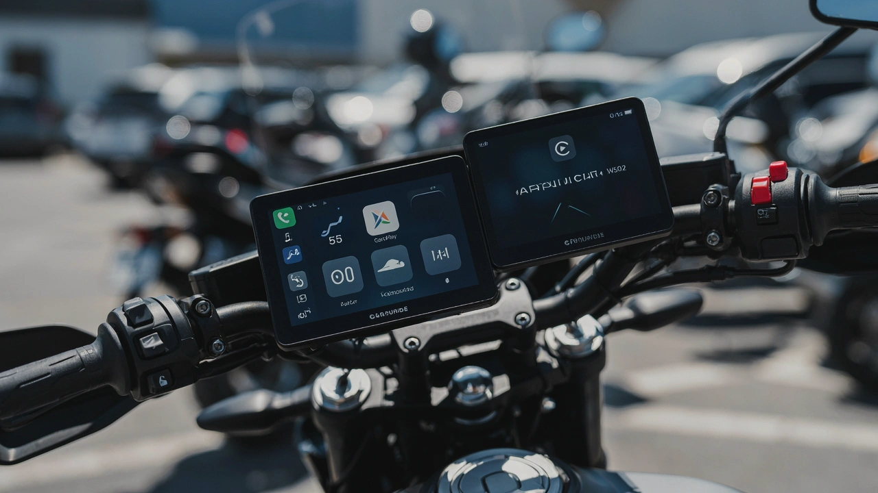 Écran CarPlay Carpuride W502 fixé au guidon en plein soleil, autres motos alignées en arrière-plan