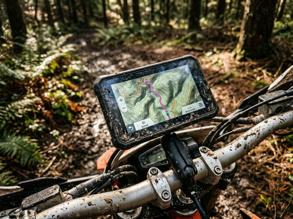 Garmin zūmo XT3 éclaboussé de boue sur un sentier forestier