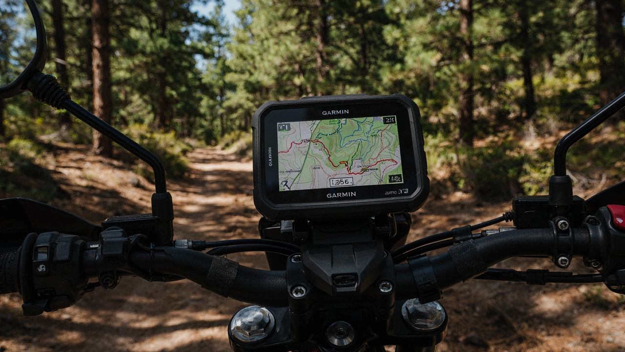 GPS Garmin zūmo XT3 fixé sur une moto d'enduro sur un chemin forestier