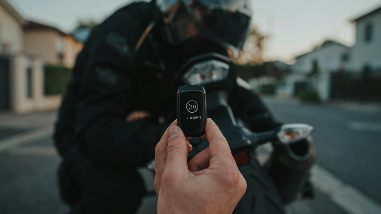 Motard tenant un traceur Monimoto 9 près de la selle d'une moto garée